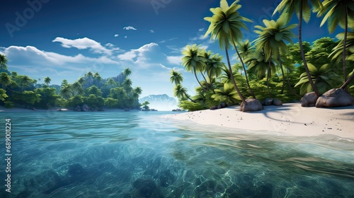 A captivating render portraying a pristine tropical island with palm-fringed shores and turquoise waters. Secluded paradise  serene beauty  exotic getaway. Generated by AI.