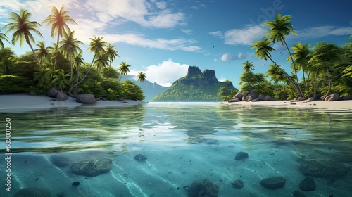 A striking render showcasing a pristine tropical island  surrounded by crystal-clear aquamarine waters and verdant landscapes. Secluded paradise  serene beauty. Generated by AI.