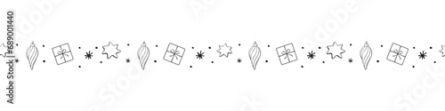 Edging, ribbon, border of outline festive Christmas symbols in doodle flat style. Vector seamless pattern, ornament, decorative element, decoration for New Year, xmas design