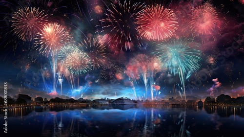 Stunning, fireworks showcase, symphony of colors, nighttime spectacle, dazzling bursts, celebratory event. Generated by AI.
