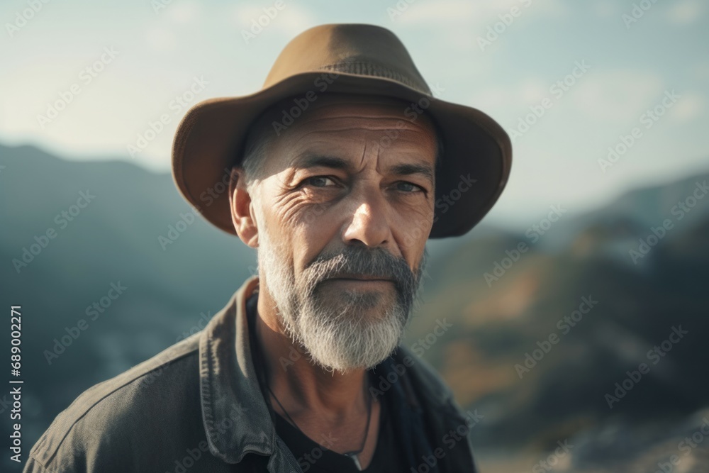 Old bearded man wearing hat on hills peak. Aged male explorer hiking journey portrait. Generate ai