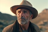 Old man wearing hat in mountain environment. Senior bearded traveler portrait on hills. Generate ai
