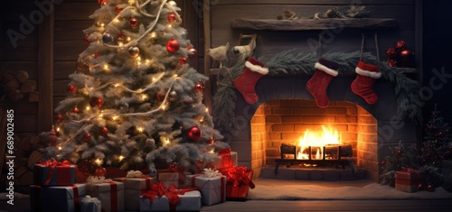 Gift Under Christmas Tree In Home Interior With Fireplace - Vintage Effects With Some Lens Flare Effect. Stylish Happy Christmas layout, greeting card or banner template.