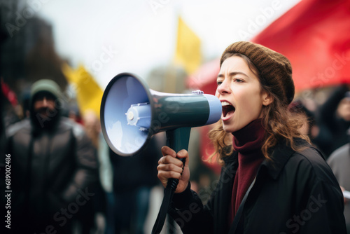 portrait of angry woman shouting into megaphone during protest on urban street