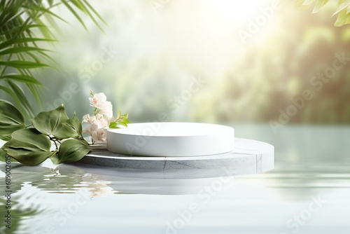 Round podium with flower on the water with nature background