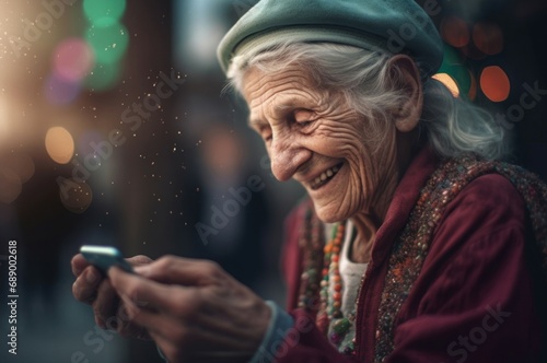 Smiling old woman checking phone. Elderly positive lady using smartphone outdoor portrait. Generate ai
