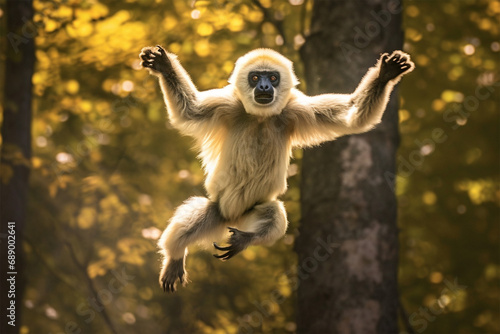 Photo of a white-handed gibbon jumping in the forest photo