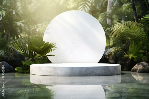 Round podium platform on the water with blurred forest background  for product display