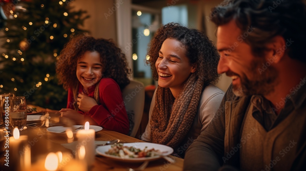 Family of three persons having Christmas dinner at home for quality family time and holiday spirit in the air