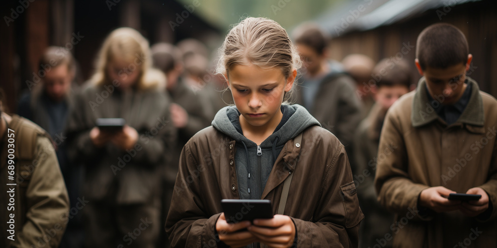 Technology danger and warning. Hypnotized school kids looking at their mobile or tablet device. Where is our world going? Abstract dark futuristic view of children in the near future - obrazy, fototapety, plakaty 