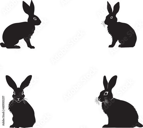 Set of Black silhouette of a rabbit isolated on white background