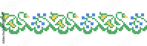Ukrainian floral pattern in yellow and blue colors. Vector ornament, border, pattern. Ukrainian folk, ethnic floral embroidery. Pixel art, vyshyvanka, cross stitch