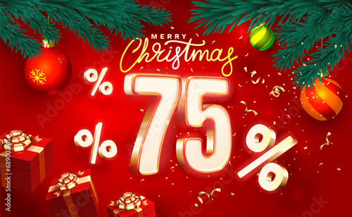 Merry Christmas, 75 percent Off discount. Sale banner and poster. Vector illustration. © hobbitfoot