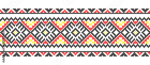 Ukrainian pattern. Vector ornament, seamless border. Ukrainian folk, ethnic geometric embroidery. Pattern in red and black colors. Pixel art, vyshyvanka, cross stitch