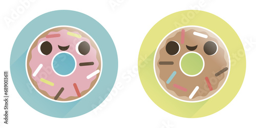 Pictogramme de deux beignets rond avec un trou au milieu,glaçage rose à la fraise et glaçage marron au chocolat, duo de personnages mignons format icône pictogramme, vecteur alimentaire coloré 