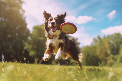 Dog frisbee dog catches flying discs in animal games photo