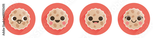 Famille de cookies aux pépites de chocolat, pictogrammes pour application et site internet, fabrication de biscuits, livraison de pâtisseries et gourmandises, vecteur mignon sur un rond rouge