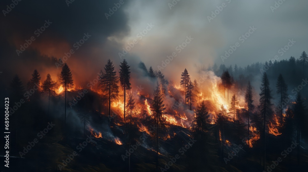 A terrible forest fire destroy trees and animals , smoke in the air , nature is destroyed. Worried, background.  - obrazy, fototapety, plakaty 