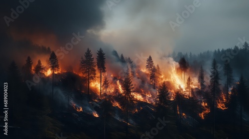 A terrible forest fire destroy trees and animals , smoke in the air , nature is destroyed. Worried, background.  photo