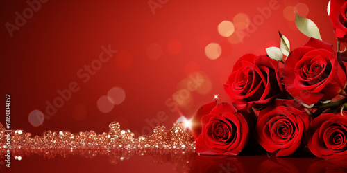 Elegant red roses lay on a sparkling backdrop Valentine's Day flatlay top view copy space banner background. 