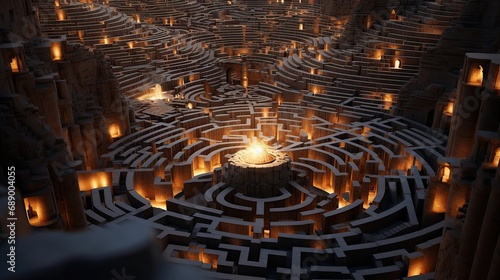 Complex, labyrinthine, mysterious, intricate, network, corridors, pathways, convoluted, enigmatic, maze. Generated by AI.