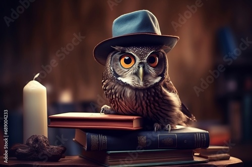 Cute owl with hat sitting on books stack. Wisdom erudition bird owl on academic book. Generate ai photo