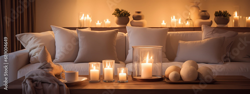 A cozy high-detail snapshot of a modern living room in the evening with a cluster of elegant candles lit on a minimalist wooden table