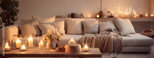 A cozy high-detail snapshot of a modern living room in the evening with a cluster of elegant candles lit on a minimalist wooden table
