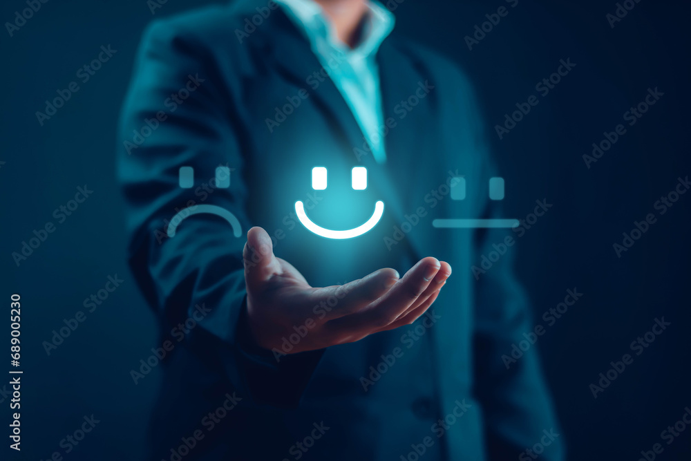 human hand showing 5-star performance that has quality and press level excellent rank for giving the best score point to review the service, business concept Customer Service Experience, and Business
 - obrazy, fototapety, plakaty 