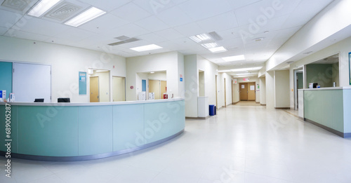 Hospital hallway, reception clinic background. luxury hospital interior for backgrounds. Hospital reception. © Celt Studio