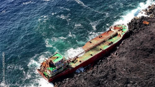Oil tanker cargo ship ran aground the reunion island drone view photo