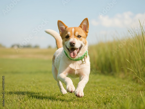 dog outdoors on a sunny summer day. dog outdoors on a sunny summer day. Spring, summer concept, playful happy pet dog puppy running in grass.