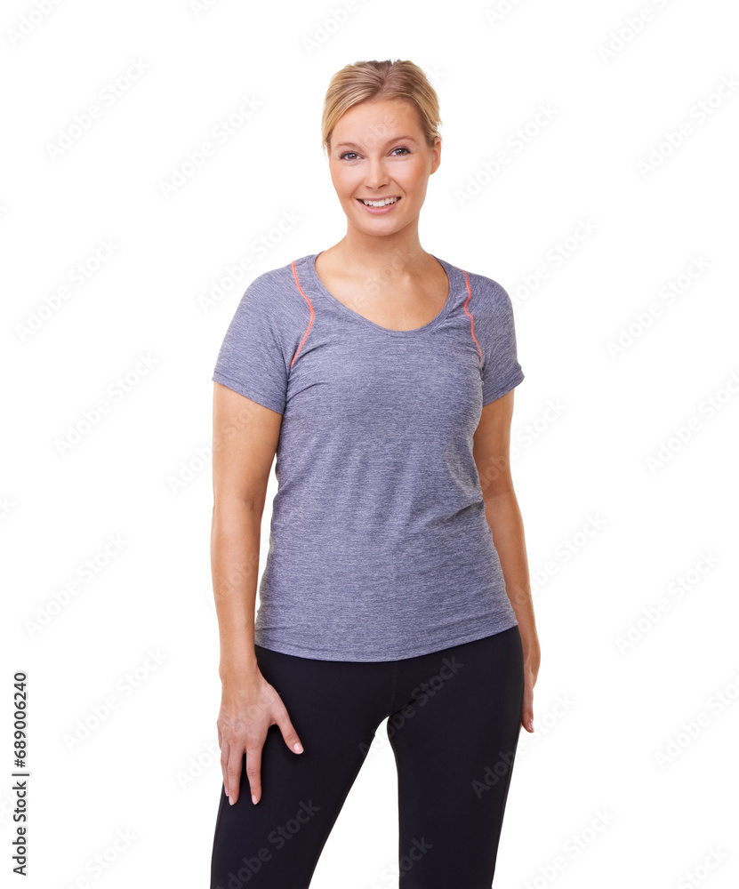 Obraz premium Woman, portrait and happy in studio for fitness, wellness and healthy body with training and exercise. Person, face and smile with confidence, sportswear and pride for workout on white background