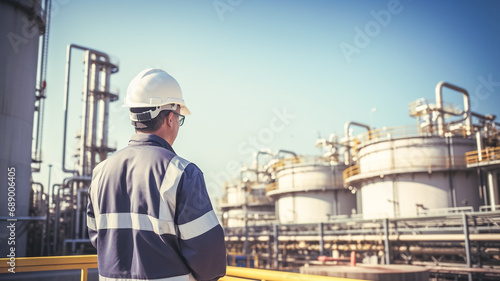 Engineering standing in front of oil refinery building structure in heavy petrochemical industry. 