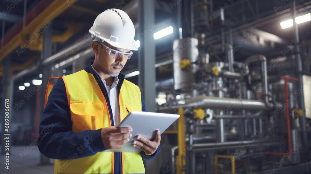 Refinery male worker with hard hat checking parameters on tablet computer for oil and gas production.
Refinery male worker with hard hat checking parameters on tablet computer for oil and gas production.