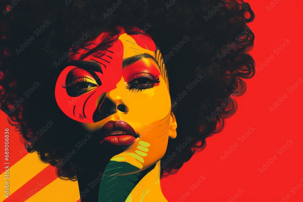 Retro Risograph Art: Striking Portrait of a black woman in red, green yellow colors. Black History Month concept Retro Risograph Art: Striking Portrait of a black woman in red, green yellow colors. Black History Month concept
