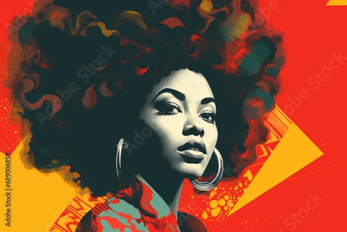 Retro Risograph Art: Striking Portrait of a black woman in red, green yellow colors. Black History Month concept