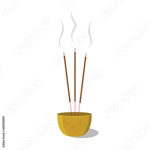 Incense sticks burning in a bowl flat vector illustration isolated on white background. Element for Asian traditional culture, Chinese new year, lunar new year, Ancestor worship customs, Buddhism
