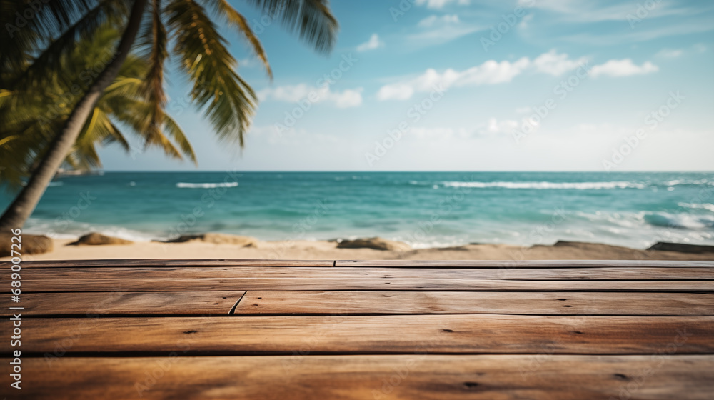 Empty wooden tabletop on summer beach background