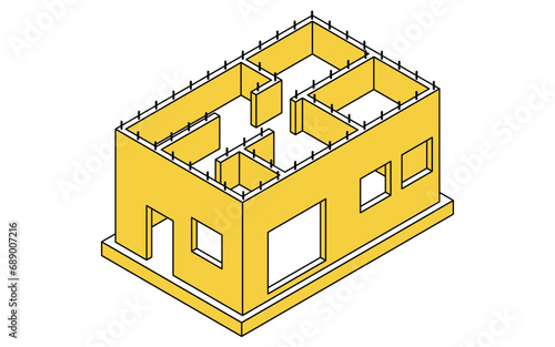 建築構造の図解イラスト、鉄筋コンクリート（RC）のアイソメトリックイラスト