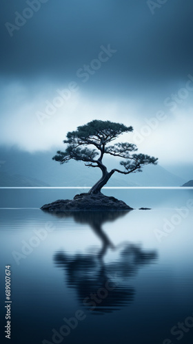 a lone tree sitting on an island in a puddle of water