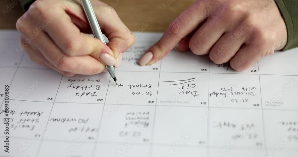 Women's hands write a calendar with a pen, a close-up. Week planning, organization of tasks Women's hands write a calendar with a pen, a close-up. Week planning, organization of tasks