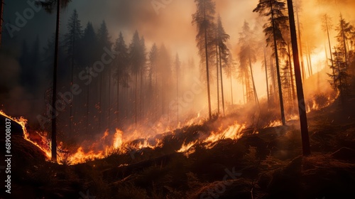 A terrible forest fire destroy trees and animals , smoke in the air , nature is destroyed. Worried, background.