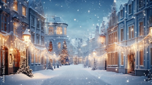 Snow-covered historic buildings with festive lights  winter city street with Christmas tree. Winter holidays in urban setting.