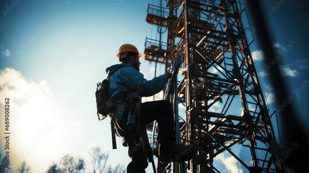 A worker in work climbing an antenna tower. - obrazy, fototapety, plakaty 