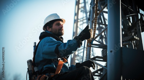 A worker in work climbing an antenna tower. photo