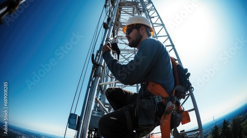 A worker in work climbing an antenna tower.