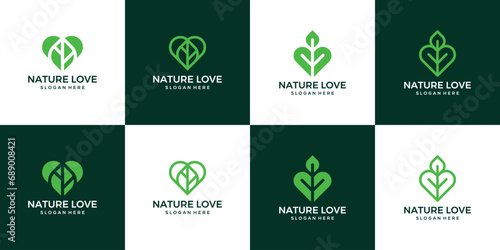 Collection of Nature leaf logo design template with heart love design graphic vector illustration. Symbol, icon, creative.