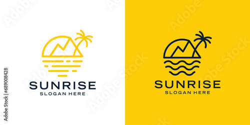 Mountain and sun views logo design template with modern line style design graphic vector illustration. Symbol, icon, creative.