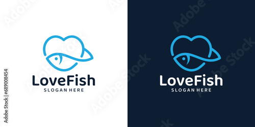 Heart love design template. Fish logo with line art style design graphic vector illustration. Symbol, icon, creative.